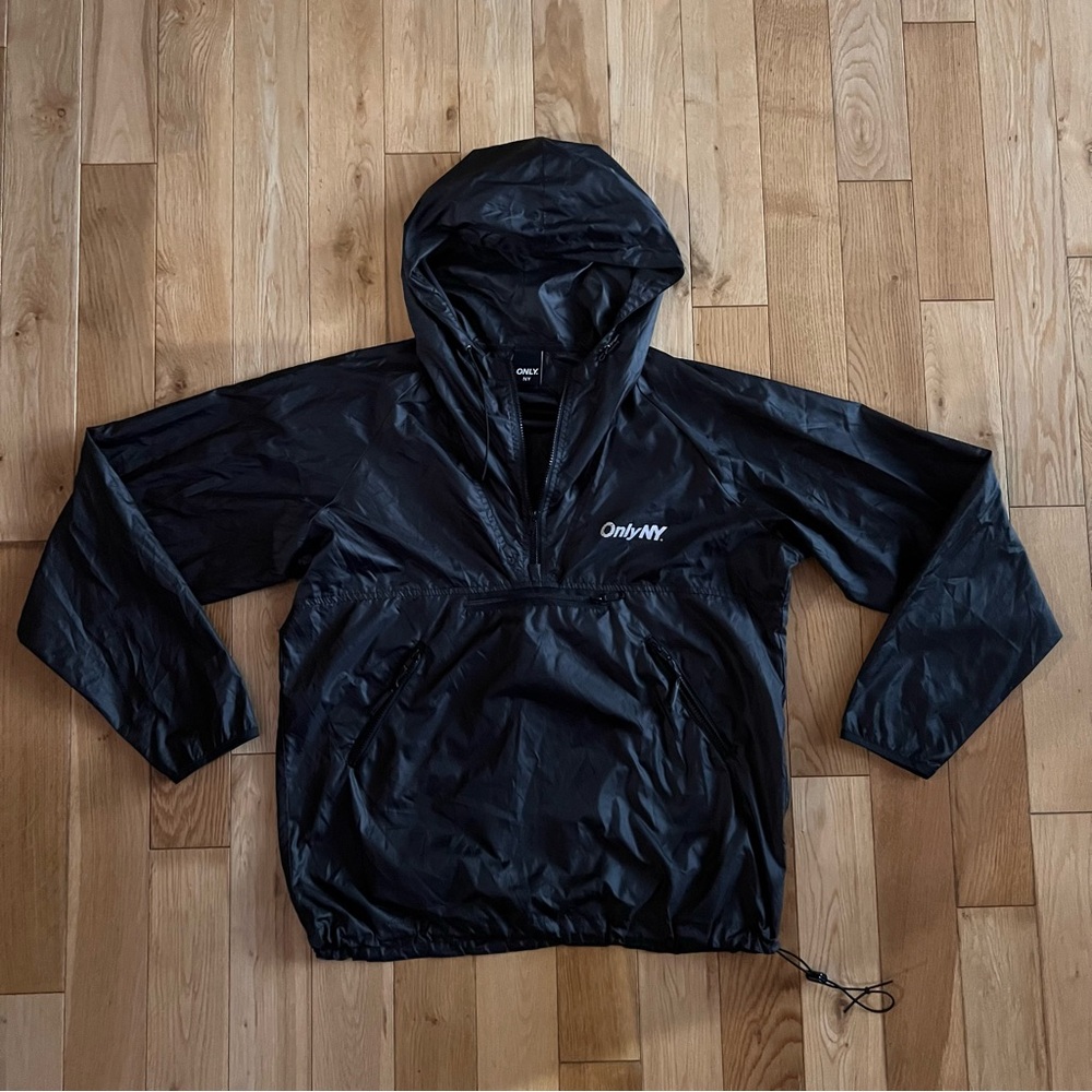 Only Ny Mens Black Windbreaker Quarterzip Hooded Nylon Jacket Size Large